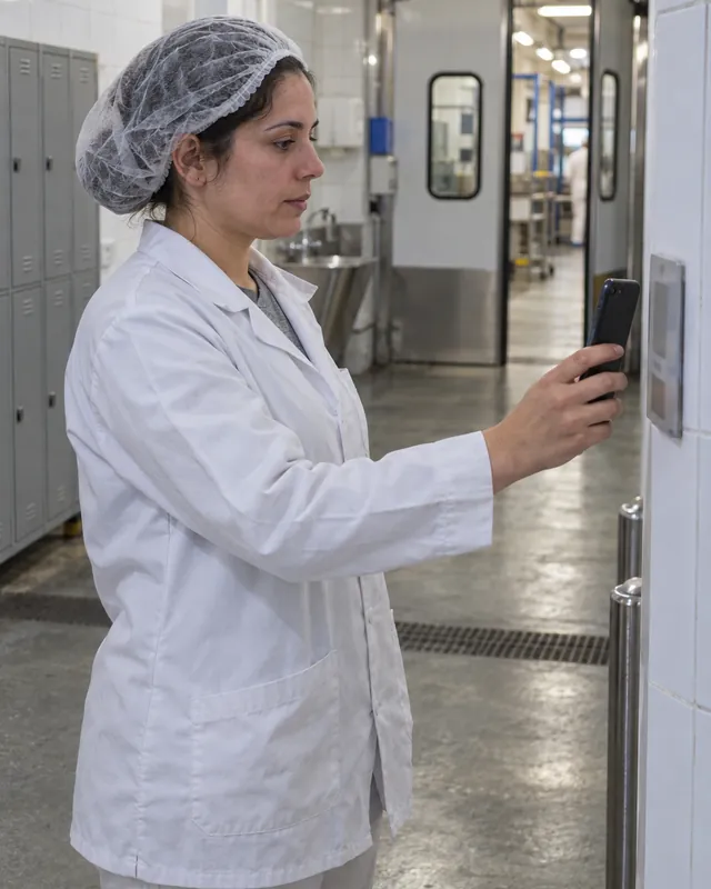 Employee clocking in with the workstation QR code on her phone with TramitApp