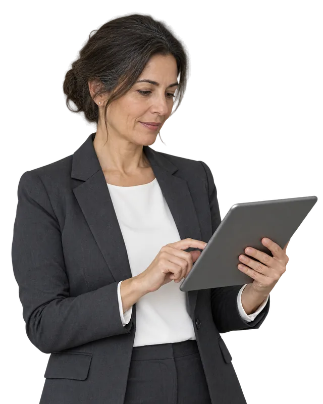 HR director managing her team from a tablet with TramitApp's HR software
