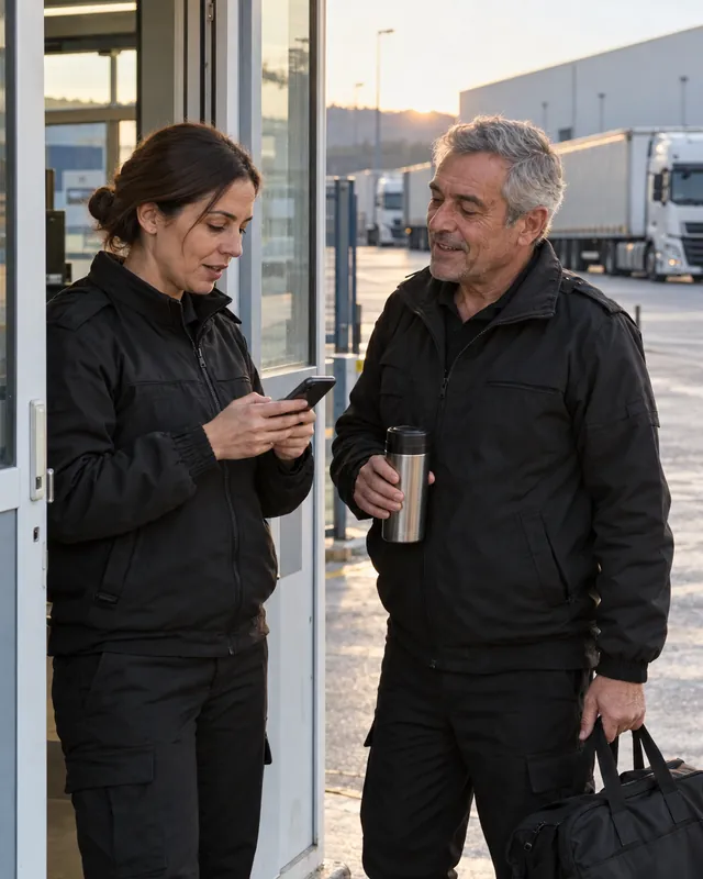 Security guard clocking in on his phone at shift handover, against his planned shift in TramitApp